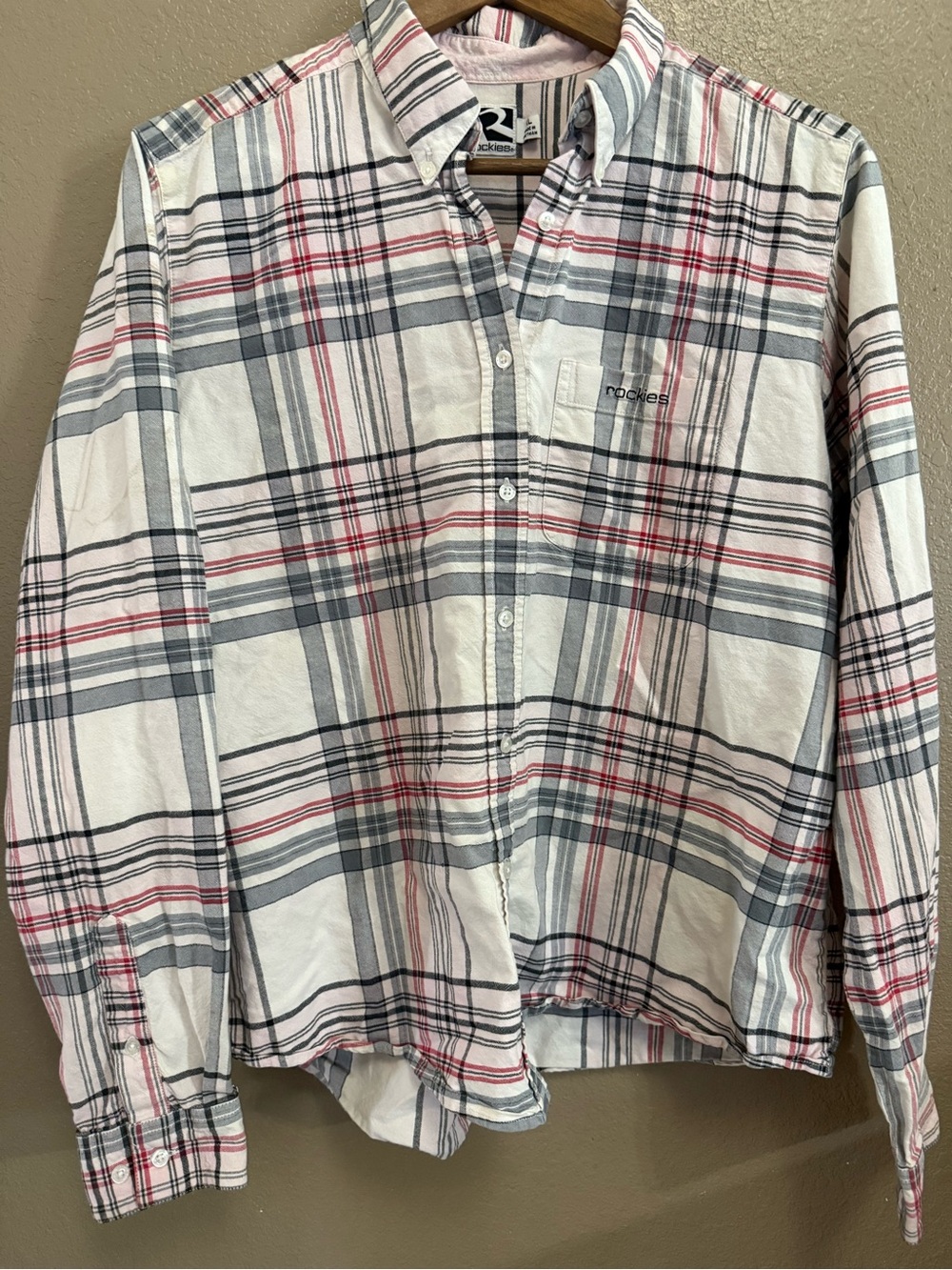 Vintage Rockies White Plaid Button-Down Shirt with Red & Gray Stripes